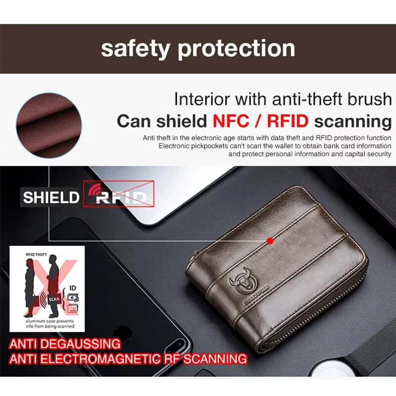 (image for) BULLCAPTAIN Genuine Leather Zipper Men Wallets Multi Card Slot ID Card Mini Holder Bags Bussiness Casual Coin Purse